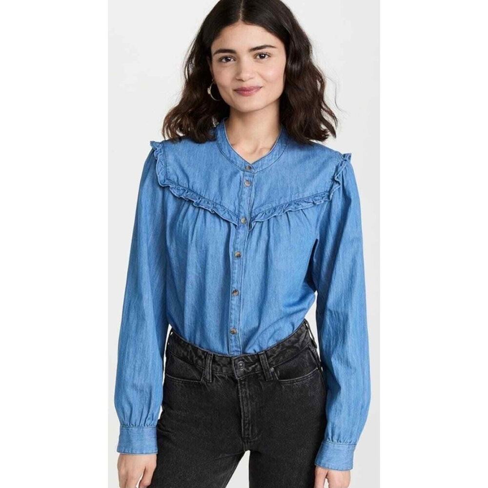 Xirena Blue Stone Ryann Shirt Cotton Denim Ruffled Long Sleeve Button Up Small